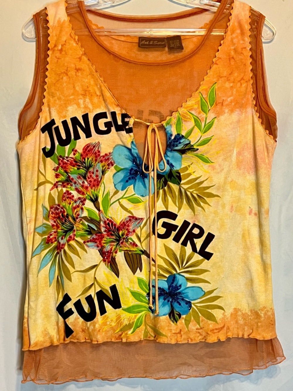 Floral Orange Tank Top "Jungle Girl Fun" Layerd w Tie Lightweight Sequins Beach